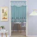 Detail view of teal lace half door curtain with intricate embroidery and beaded fringe design. - 90*120cm / Small Happiness Green Half Door Curtain
