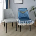 Blue velvet quilted dining chair cover detail showcasing elegant lace and embroidery for home decor. - Chair Cover / Flowers Blooming Blue