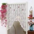 White lace door curtain detail, featuring floral patterns and cute red cherry hanging decor. - Butterfly with 4 Cherries Curtain / W1.6m H1.0m