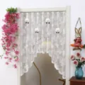White lace door curtain with cute plush cloud pendants and delicate floral patterns. - Butterfly with 4 Clouds Curtain / W1.6m H1.0m