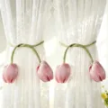 Tulip curtain tiebacks pair with white lace sheer curtains, creating a soft cream style home decor. - Tulip Pink Ties