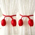 Red tulip curtain tiebacks with white lace curtains detail view, perfect for home decor and style. - Tulip Red Straps