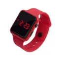 Vista detallada de un reloj electrónico digital LED cuadrado rojo con correa de silicona flexible - Rojo