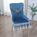 Funda de silla de comedor acolchada azul con bordado de encaje y diseño de respaldo semielástico - Estilo cintura delgada – gran lujo / Flores en el camino azul