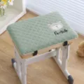 Green checkered student chair cushion detail, thick memory foam seat pad with cute bear embroidery. - Good Morning Bear - Green