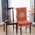 Chinese style quilted dining chair cover in orange with elegant embroidery and lace trim design. - One Size / Orange
