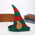 Detail view showing a red and green striped elf hat with a white pom-pom and plush ears - Red and Green Striped Elf Hat