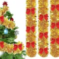 Shiny gold Christmas tinsel garland decorated with elegant classic red velvet bows for trees. - Gold (With 12 Red Bows)