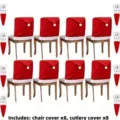 Juego de 16 fundas navideñas para sillas y cubiertos con diseño clásico de gorro de Papá Noel - Set de 8 Fundas de Silla + 8 Fundas de Cubiertos / Juego de 16 piezas