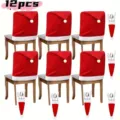 Set de 12 fundas para sillas de gorro de Navidad y porta cubiertos para decoración festiva. - Set de 6 Fundas de Silla + 6 Fundas de Cubiertos / Juego de 12