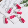 Six hot pink faux suede tassels with elegant silver caps for DIY jewelry making crafts - Set of 6 / Rose Red