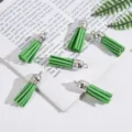 Green suede leather tassels with silver caps for DIY jewelry making accessories - Set of 6 / Green