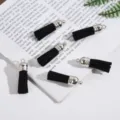 Five black faux suede leather tassels with silver metal caps for DIY jewelry making - 5 Pieces / Black