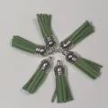 Green suede leather tassels with silver metal caps for DIY jewelry making accessories - Set of 6 / Army Green