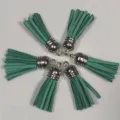 High-quality teal green faux suede leather tassels with silver caps for DIY jewelry making - Set of 6 / Sea Green