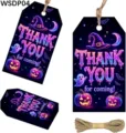 Detailansicht von Halloween Geschenkanhängern mit Kürbisgrafiken und natürlicher Juteschnur - Lila Neon Hexe Stil (WSDP04) / 50 Blatt