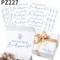 Close-up detail of blue bridesmaid proposal stickers on white gift boxes with gold ribbons - 4 Sheets/Pack / Blue (PZ227)