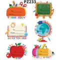 Detailed view of 6 colorful Teacher Appreciation stickers with To and From name tag areas - Stationery Blackboard Globe Style (PZ233) / 36 Pcs/Pack