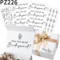 Detail view of bridesmaid proposal stickers applied on white gift boxes with gold ribbon - 4 Sheets/Pack / Black (PZ226)