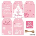 Set di 50 etichette regalo di Natale rosa con vari motivi festivi e spago di iuta - Etichette Festive Rosa (SDDP25) / 50 Pezzi/Confezione