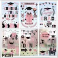 Set of 6 pink graduation window stickers with glitter caps and gowns for party decor - Pink Graduation Theme (PZ187) / 6 Sheets/Pack