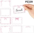 Detail of various pink bow design self-adhesive name labels for school supplies - Pink Bow Design (PZ239) / 10 Sheets/Pack