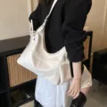 Minimalist white soft leather hobo shoulder bag with detachable small pouch for commuting - White