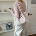 Eleganter minimalistischer beige gewebter Shopper aus weichem Leder als Schultertasche - Beigegrau (Ohne Anhänger)