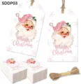 Set de 50 etiquetas de regalo de Navidad Papá Noel rosa con cuerdas de cáñamo natural. - Estilo Papá Noel Rosa (SDDP03) / 50 Piezas/Paquete