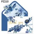 Détail d'une élégante carte de remerciement florale bleue avec texte doré et enveloppe - Style Fleurs Roses Bleues (PZ210)
