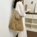 Bolso tote grande de malla tejida beige para mujer, bolso de hombro informal de playa de verano - Caqui