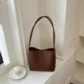 Handcrafted brown woven leather shoulder bag with a minimalist French aesthetic - Brown Single Bag