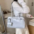 Minimalist light gray soft leather underarm bag with small detachable pouch for women - Gray
