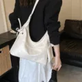 Simple white soft leather hobo bag for women with bow detail and pouch - White