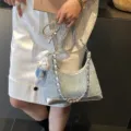 Stylish light blue denim patchwork handbag featuring a silver chain and bear charm - Style 1 / With Charm