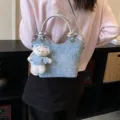 Stylish blue denim tote bag featuring silver handles and a decorative white teddy bear charm - Style 3 / With Charm