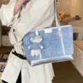 Stylish denim blue patchwork tote bag with glitter accents and cute bear charm accessory - Style 4 / With Charm