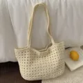 Handmade cream hollow crochet knit shoulder tote bag for summer beach vacation style - Rice White (No Pendant)
