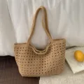 Bohemian style casual beige hollow knit beach shoulder tote bag for summer vacation - Khaki (No Pendant)