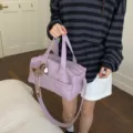 Large capacity purple leather tote bag with lychee pattern and detachable shoulder strap - With Horse Charm / Purple