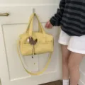 Large yellow pebble grain leather tote bag for women with a cute plush horse charm - With Horse Charm / Yellow