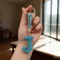 Close-up of a sparkling teal rhinestone 'J' letter keychain charm with a gold ring - Letter J