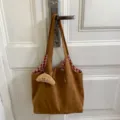 Large capacity brown suede tote bag with red gingham lining and cute croissant charm - With Pendant / Brown