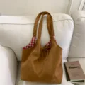 Vintage brown suede tote bag featuring a red checkered lining and large commute capacity - Single Bag / Brown