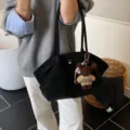Sac cabas noir vintage avec breloque ours en peluche pour les déplacements quotidiens - Avec Pendentif / Noir