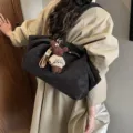 Grand sac fourre-tout noir vintage avec cordon et pendentif ours pour femme - Avec Pendentif / Café Foncé