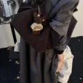 Sac cabas vintage marron foncé avec cordon de serrage et charmant ours en peluche - Avec Pendentif / Brun Clair
