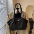 Grand sac cabas vintage en cuir noir avec cordon pour femme pour le trajet quotidien - Sac Unique / Café Foncé