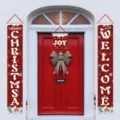 Red and black buffalo plaid Christmas door banners with Merry Christmas Joy Welcome text. - Red Black Plaid Welcome Couplet (003) / Set of 2
