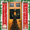 Red Merry Christmas and Happy New Year door banners with Santa and reindeer illustrations - Red Santa and Reindeer (004)